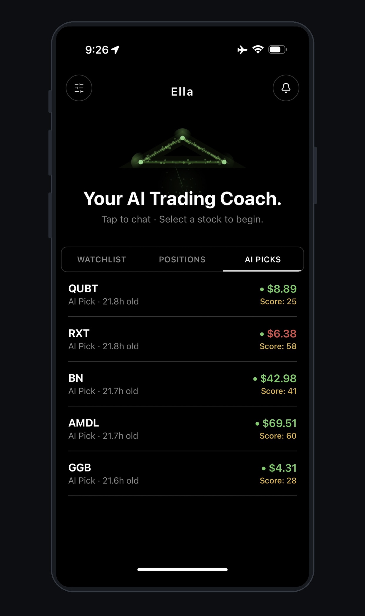 AI Picks screen showing Ella as an AI trading research coach