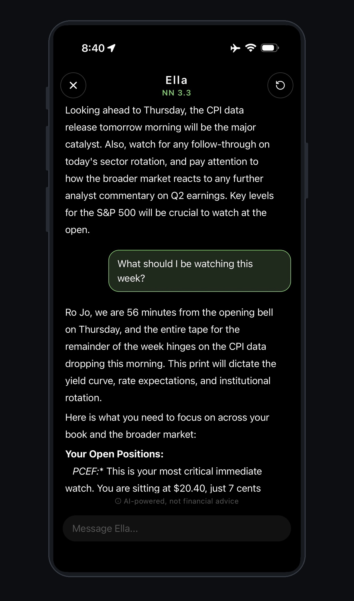 Ella conversation screen for reviewing a market question