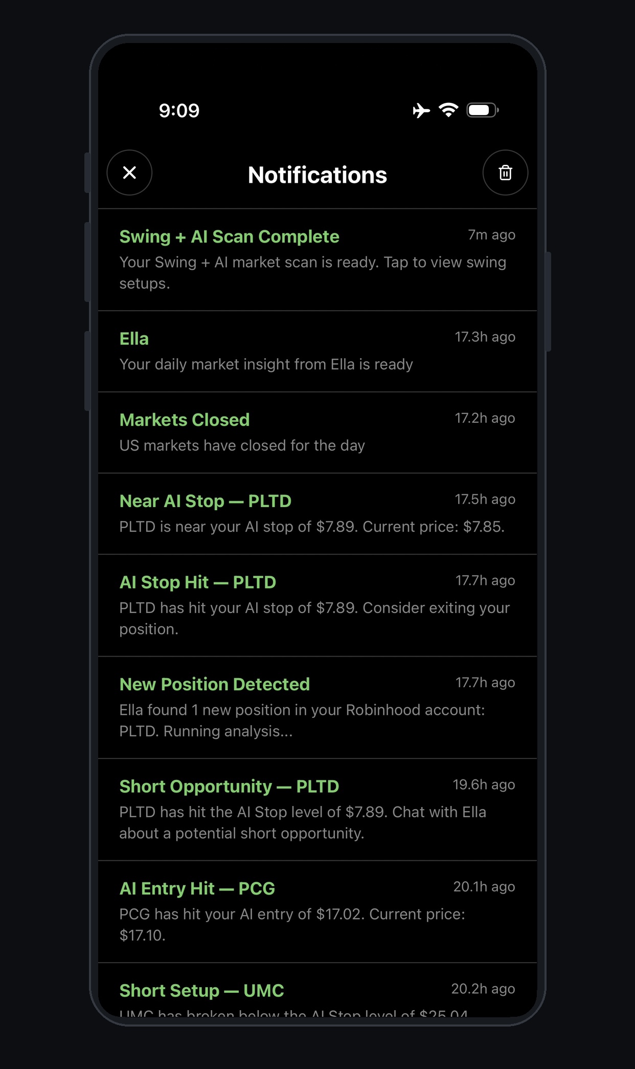 Notifications screen showing completed scans and market-update alerts
